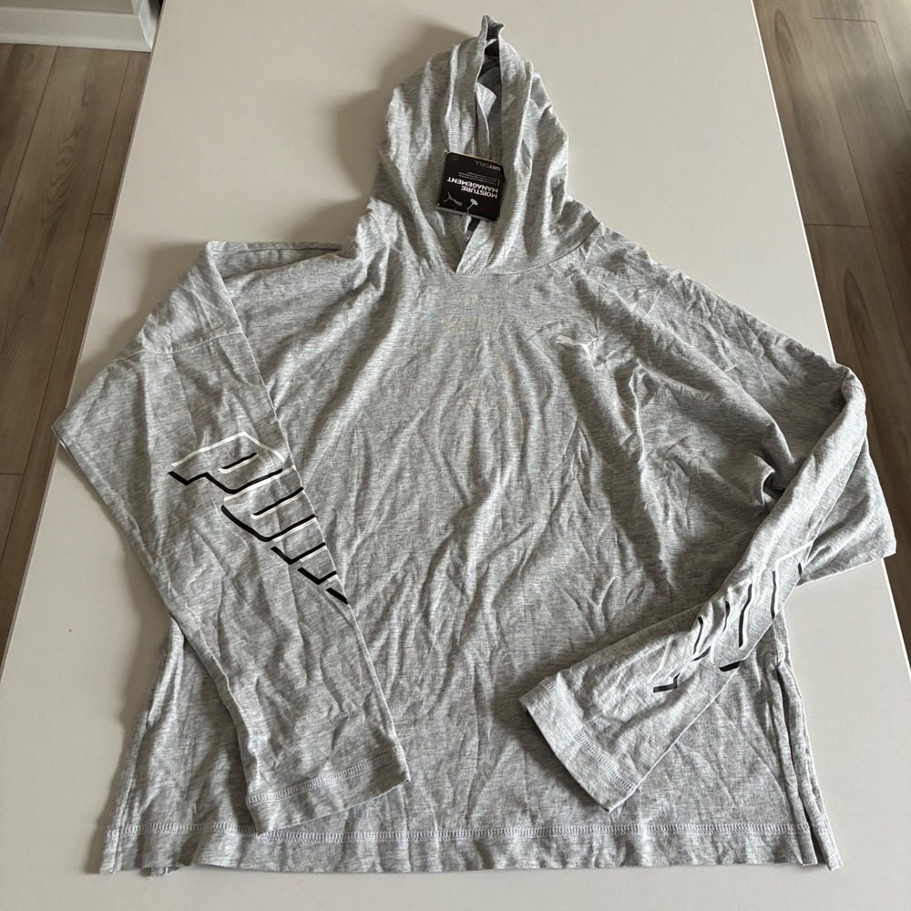 Puma Men's Gray Lightweight Hoodie Relaxed Fit Moisture Management DryCell XS